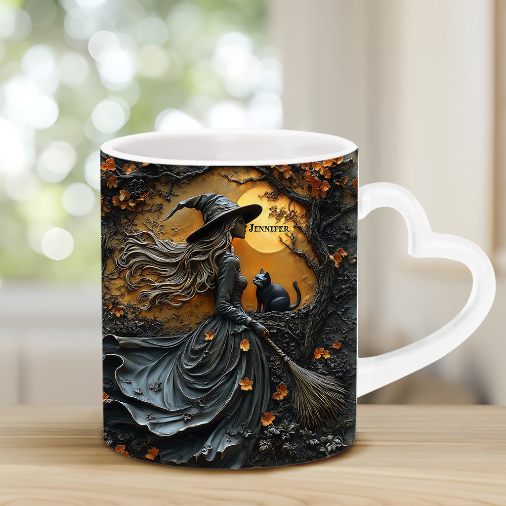 Belle sorcière et son chat noir - Mug personnalisé avec anse en forme de cœur