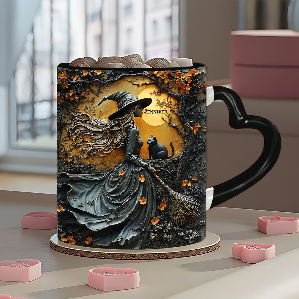 Belle sorcière et son chat noir - Mug personnalisé avec anse en forme de cœur