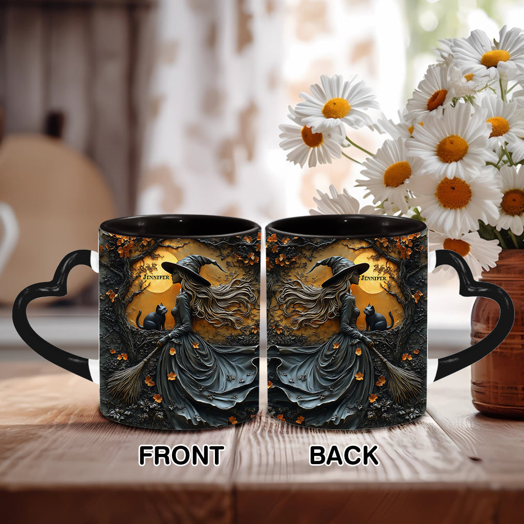 Belle sorcière et son chat noir - Mug personnalisé avec anse en forme de cœur