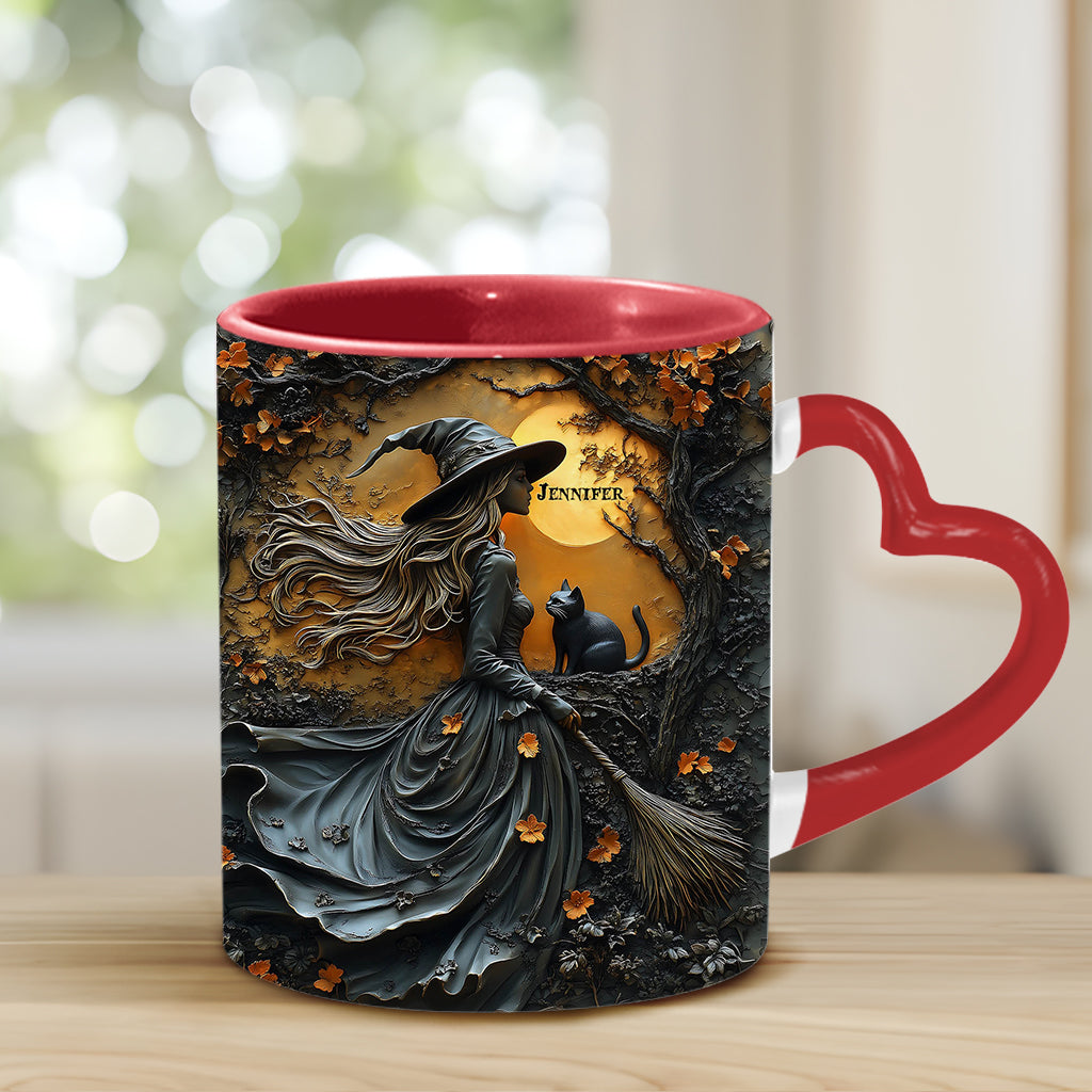 Belle sorcière et son chat noir - Mug personnalisé avec anse en forme de cœur
