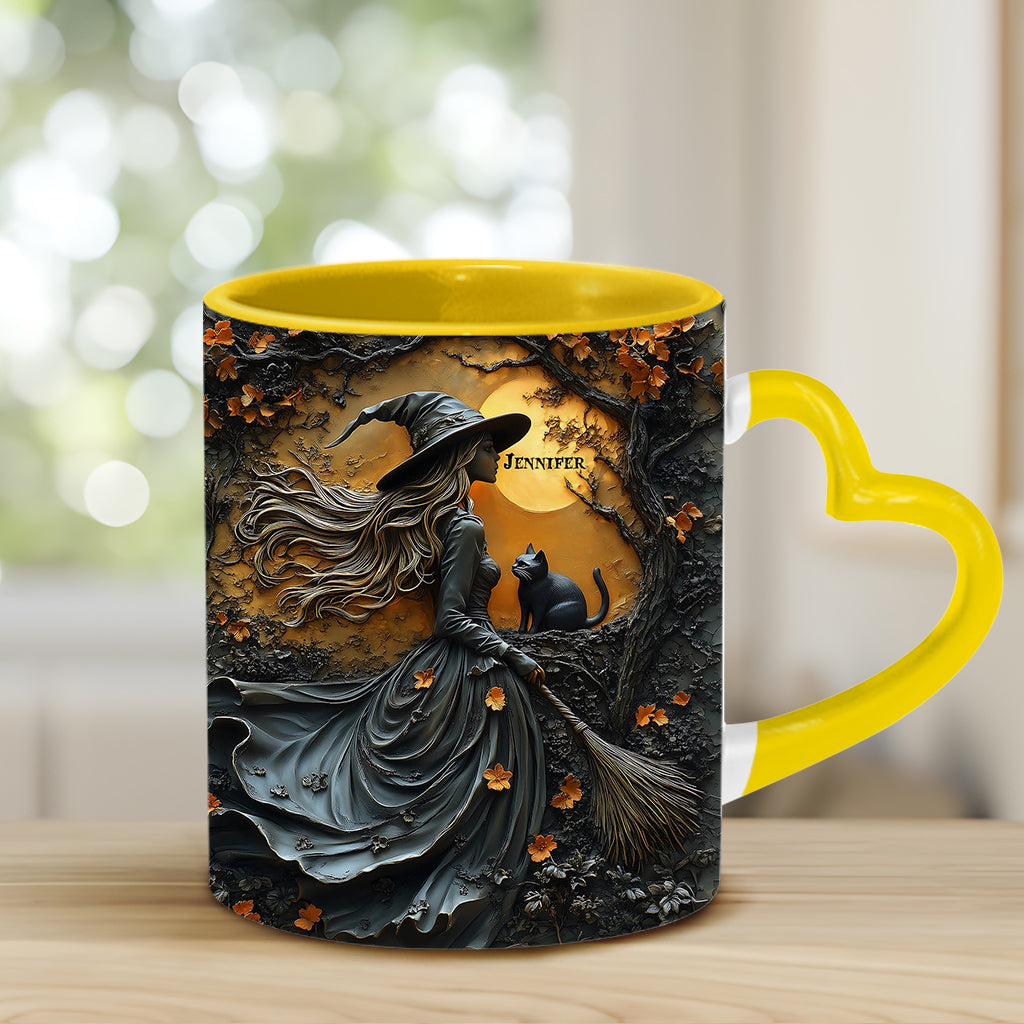 Belle sorcière et son chat noir - Mug personnalisé avec anse en forme de cœur