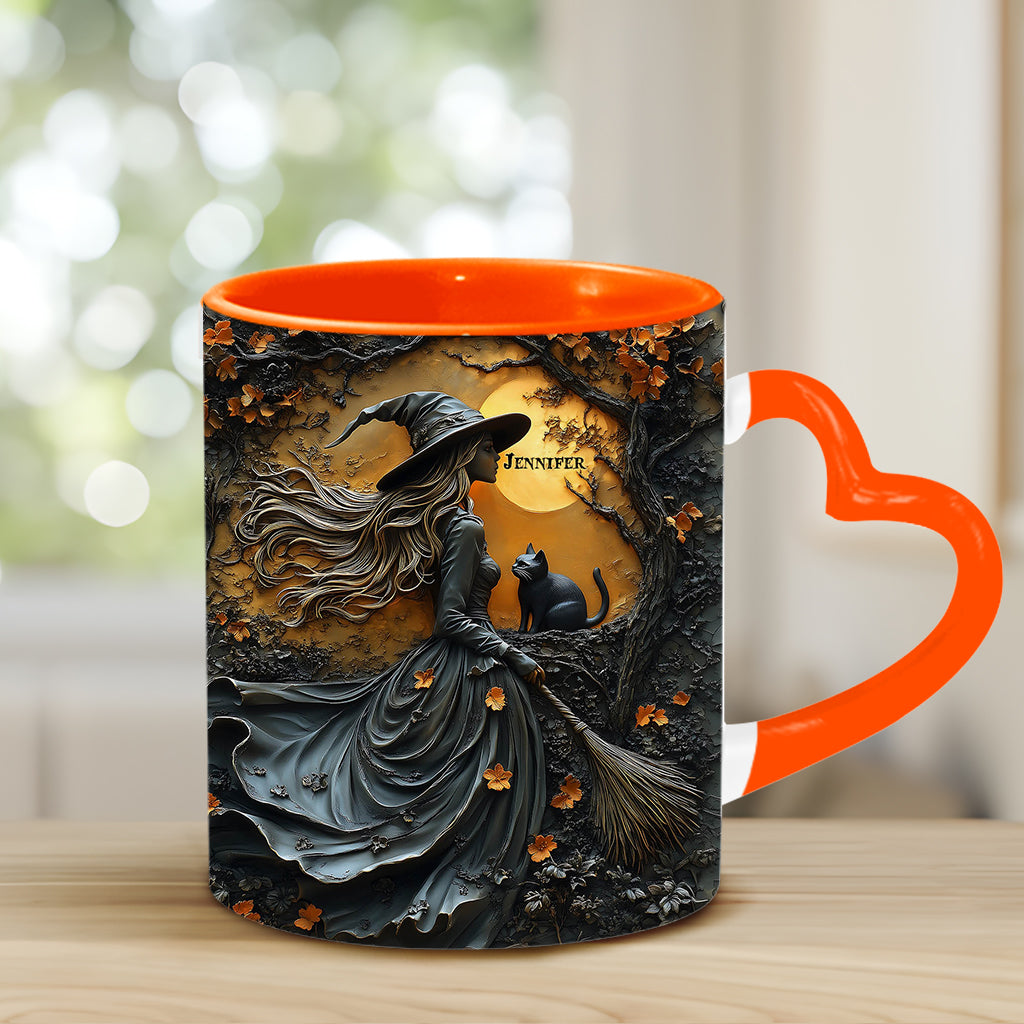 Belle sorcière et son chat noir - Mug personnalisé avec anse en forme de cœur