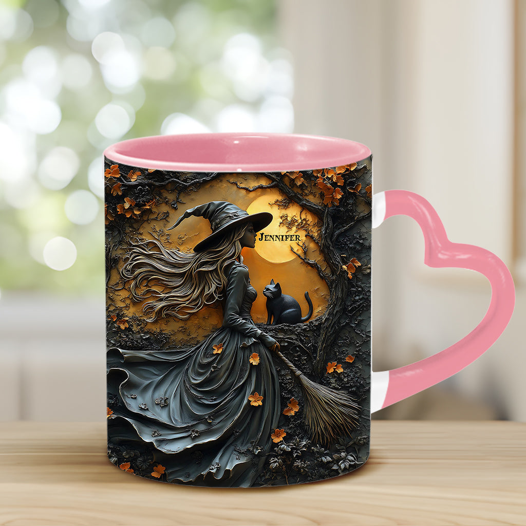 Belle sorcière et son chat noir - Mug personnalisé avec anse en forme de cœur