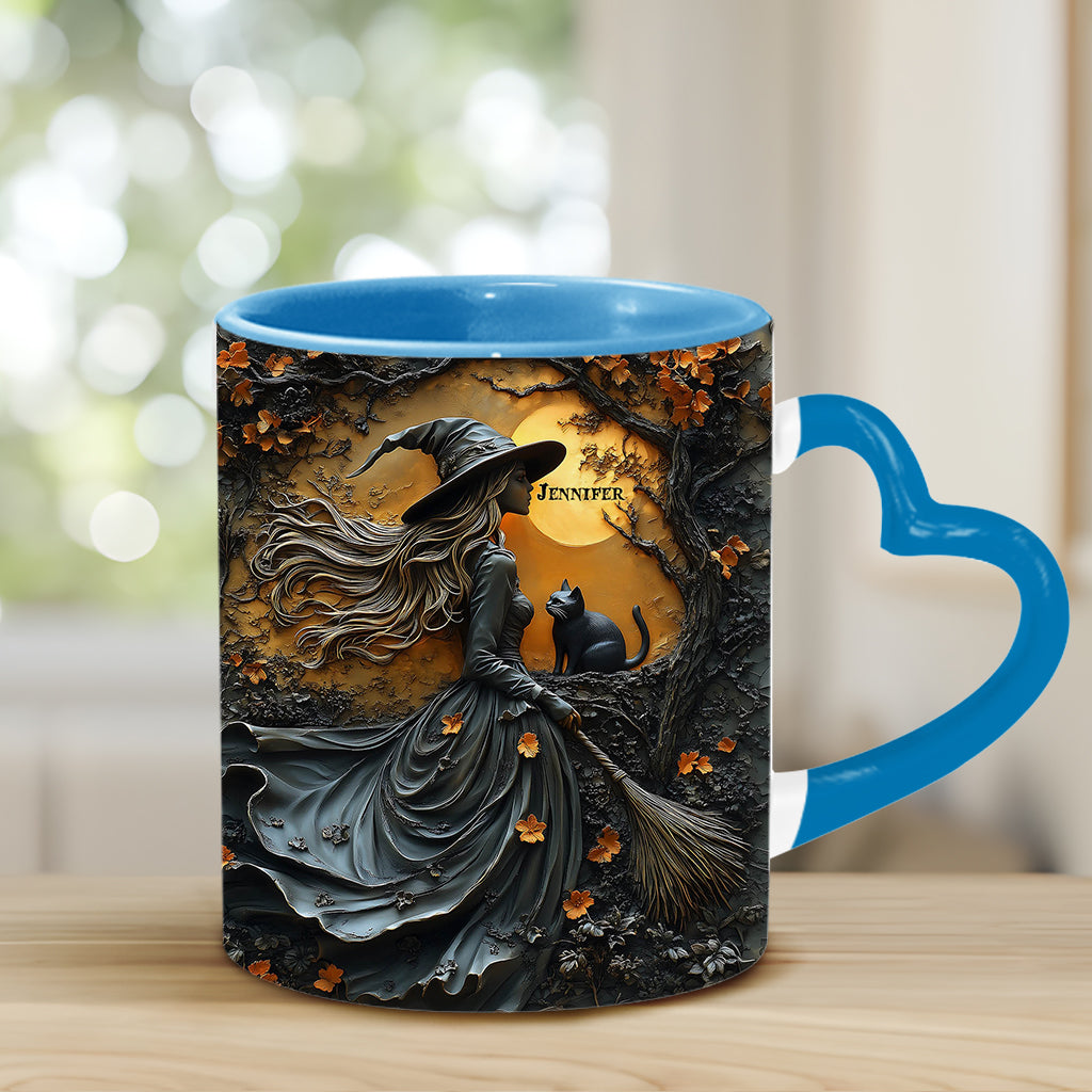 Belle sorcière et son chat noir - Mug personnalisé avec anse en forme de cœur
