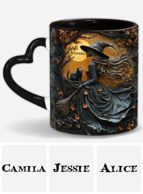 Belle sorcière et son chat noir - Mug personnalisé avec anse en forme de cœur