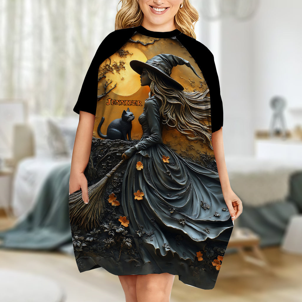 Belle sorcière et son chat noir - Robe-t-shirt de nuit personnalisée Sorcière