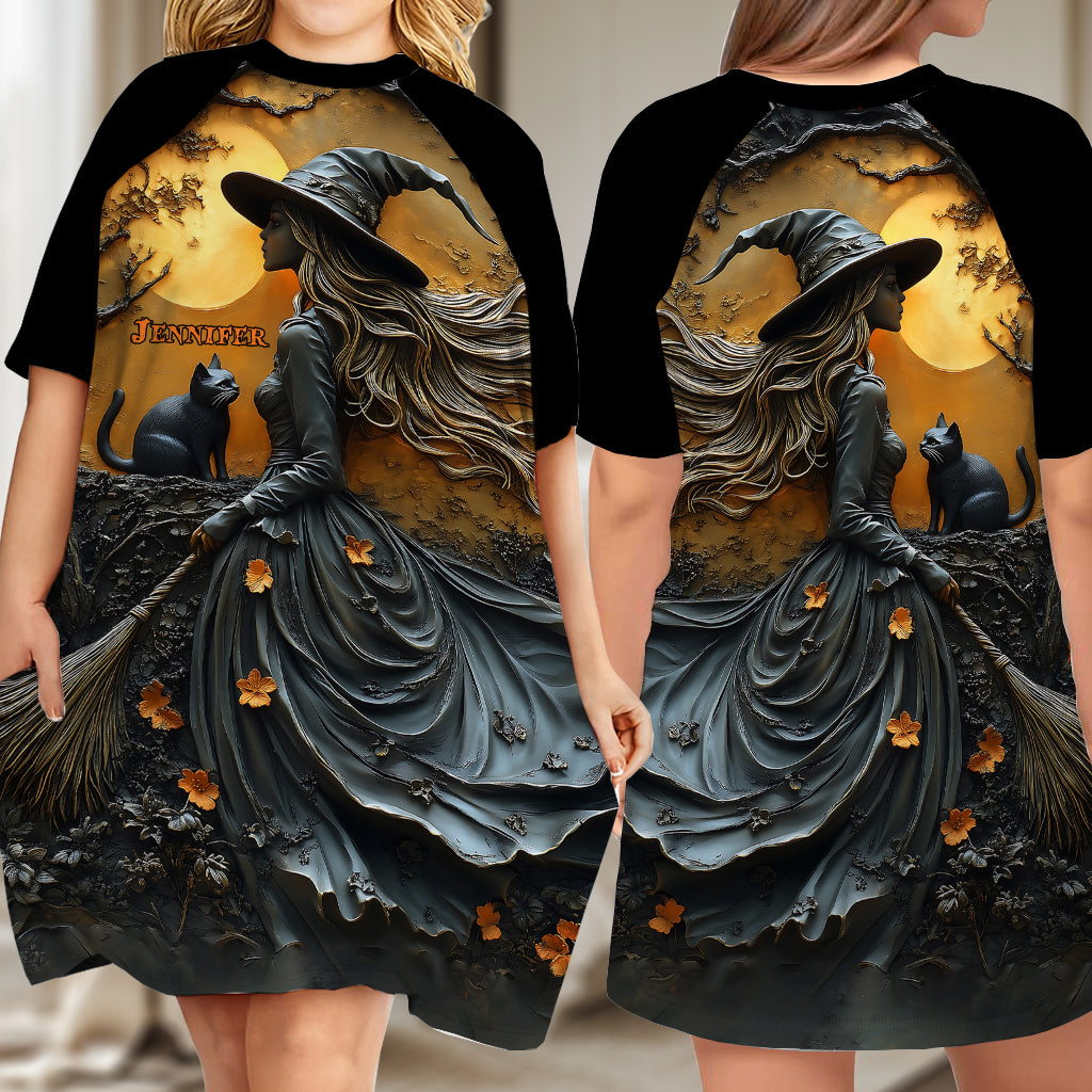 Belle sorcière et son chat noir - Robe-t-shirt de nuit personnalisée Sorcière