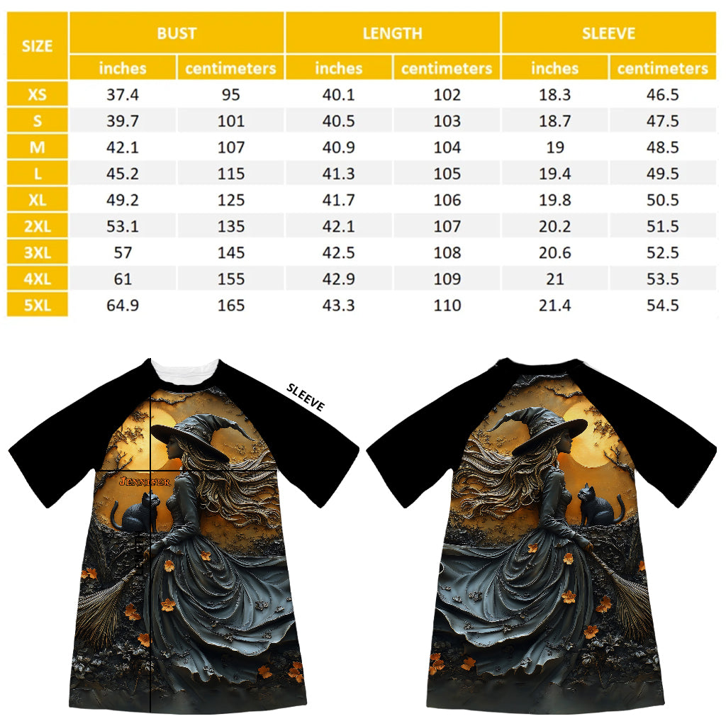 Belle sorcière et son chat noir - Robe-t-shirt de nuit personnalisée Sorcière
