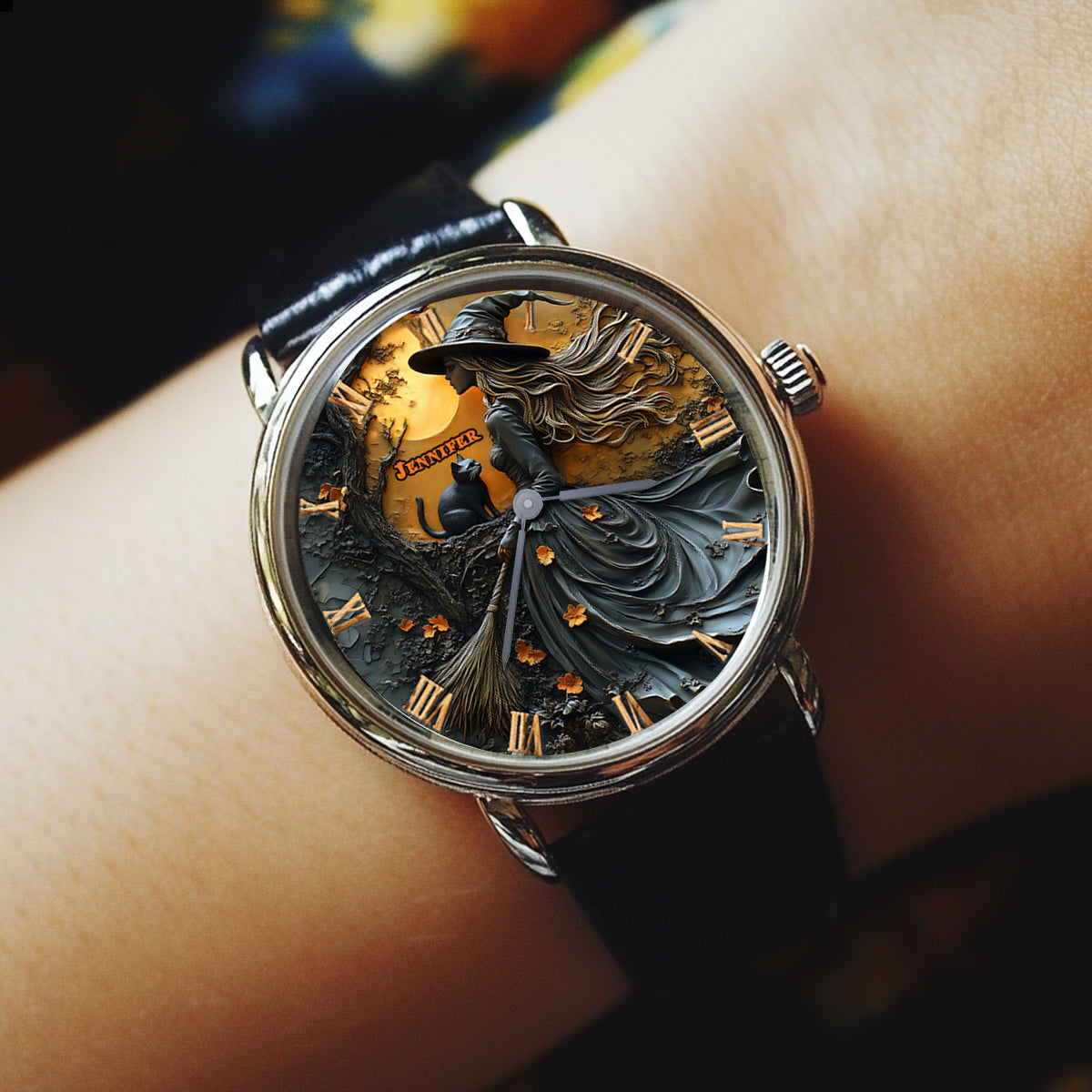 Belle sorcière et son chat noir - Montre-bracelet sorcière personnalisée