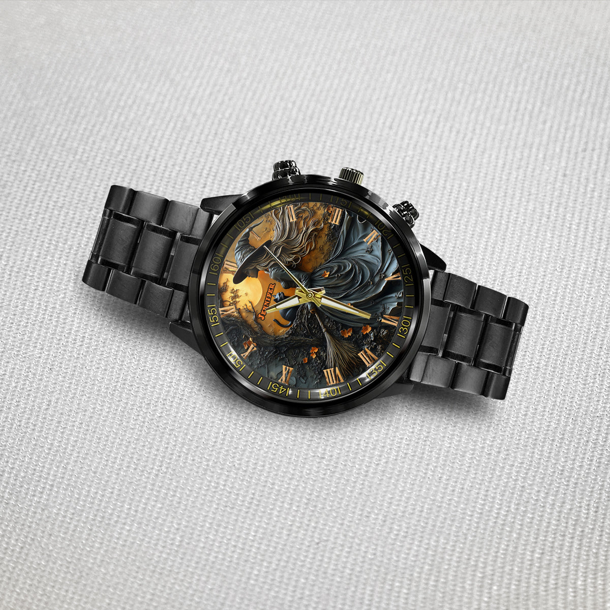 Belle sorcière et son chat noir - Montre-bracelet sorcière personnalisée