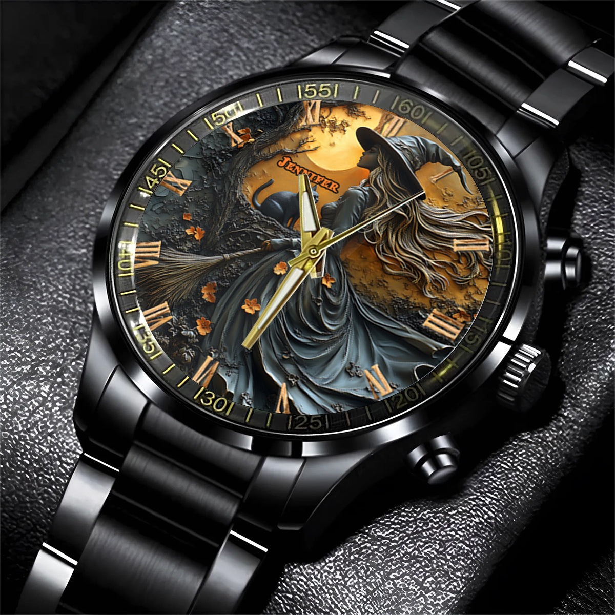 Belle sorcière et son chat noir - Montre-bracelet sorcière personnalisée