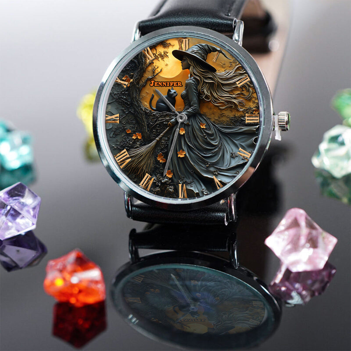 Belle sorcière et son chat noir - Montre-bracelet sorcière personnalisée