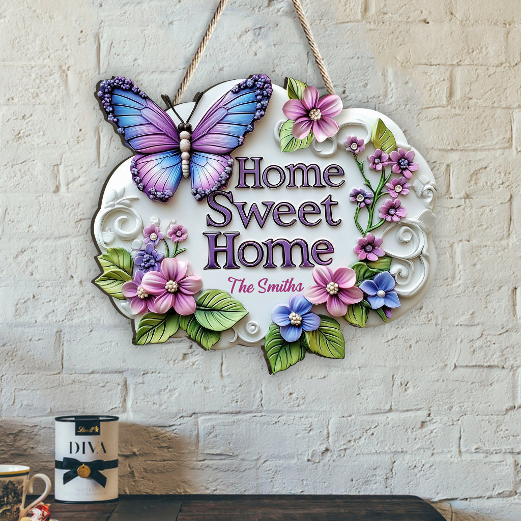 Home Sweet Home - Panneau en bois personnalisé en forme de papillon
