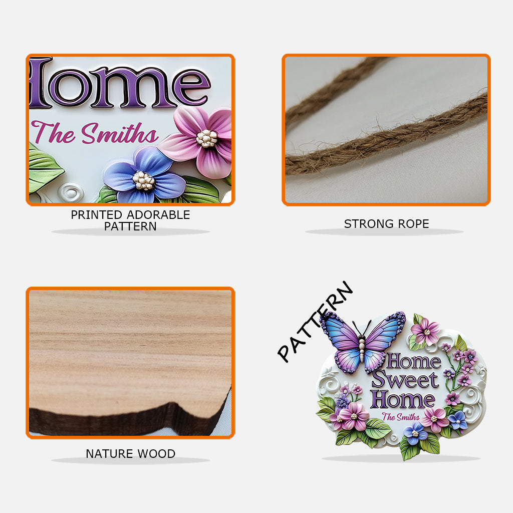Home Sweet Home - Panneau en bois personnalisé en forme de papillon