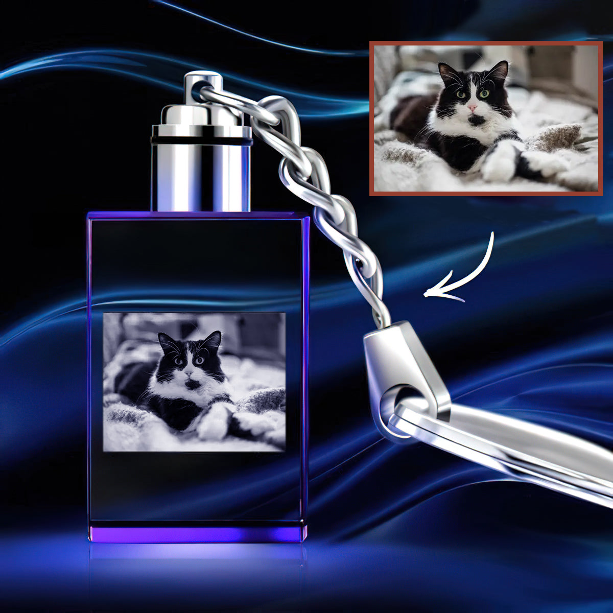 Porte-clés lumineux LED rectangulaire en cristal avec photo personnalisée - cadeau idéal pour les amoureux des chiens et des chats, ou pour toute personne ayant perdu un être cher - Porte-clés personnalisé