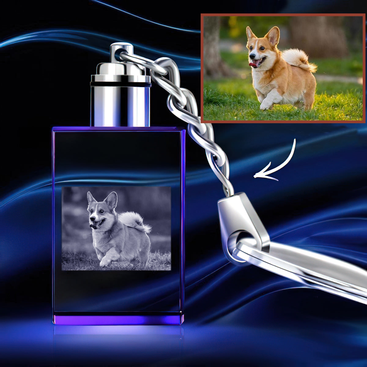 Porte-clés lumineux LED rectangulaire en cristal avec photo personnalisée - cadeau idéal pour les amoureux des chiens et des chats, ou pour toute personne ayant perdu un être cher - Porte-clés personnalisé