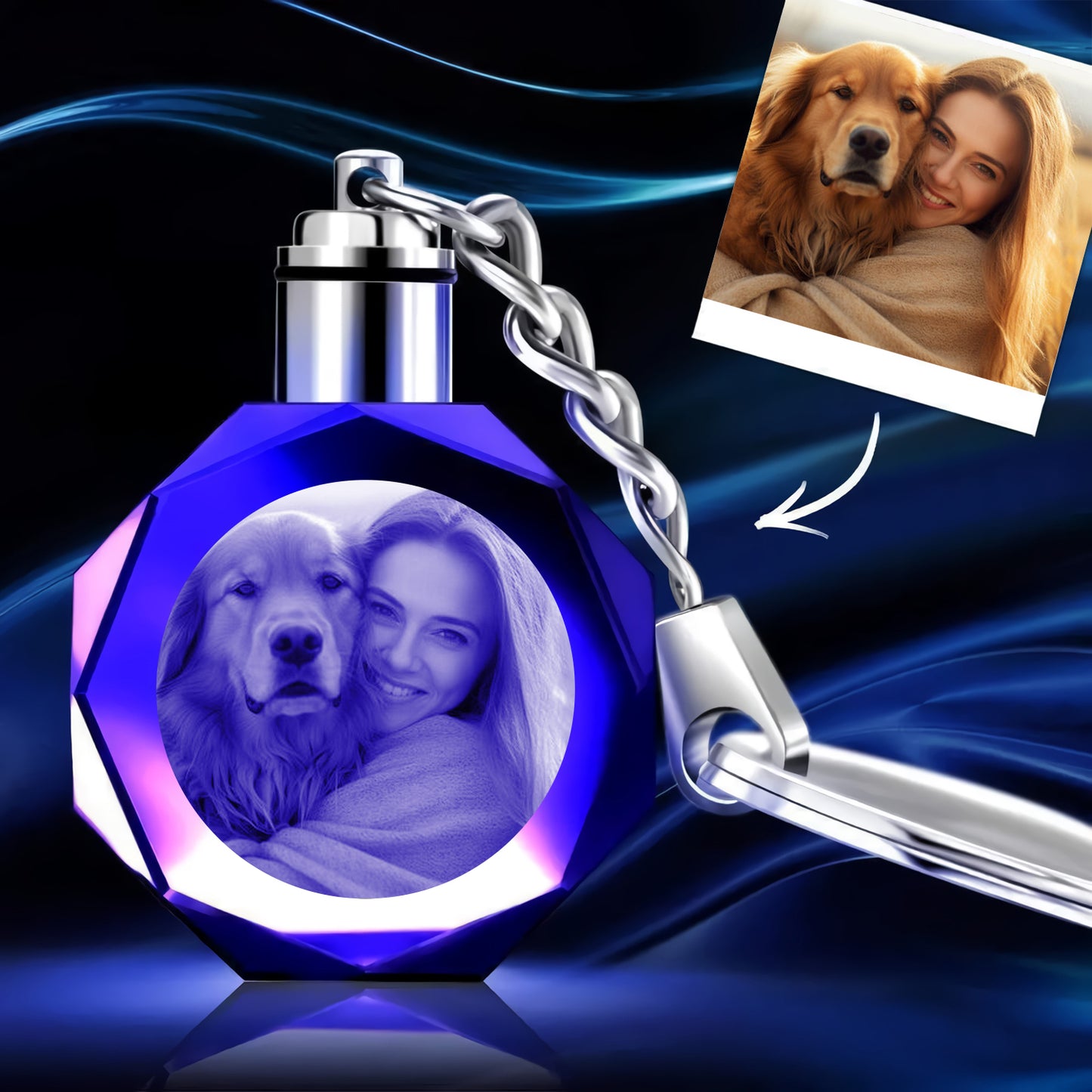 Porte-clés lumineux LED octogonal en cristal avec photo personnalisée - cadeau idéal pour les amoureux des chats et des chiens, ou pour toute personne ayant perdu un être cher - Porte-clés personnalisé