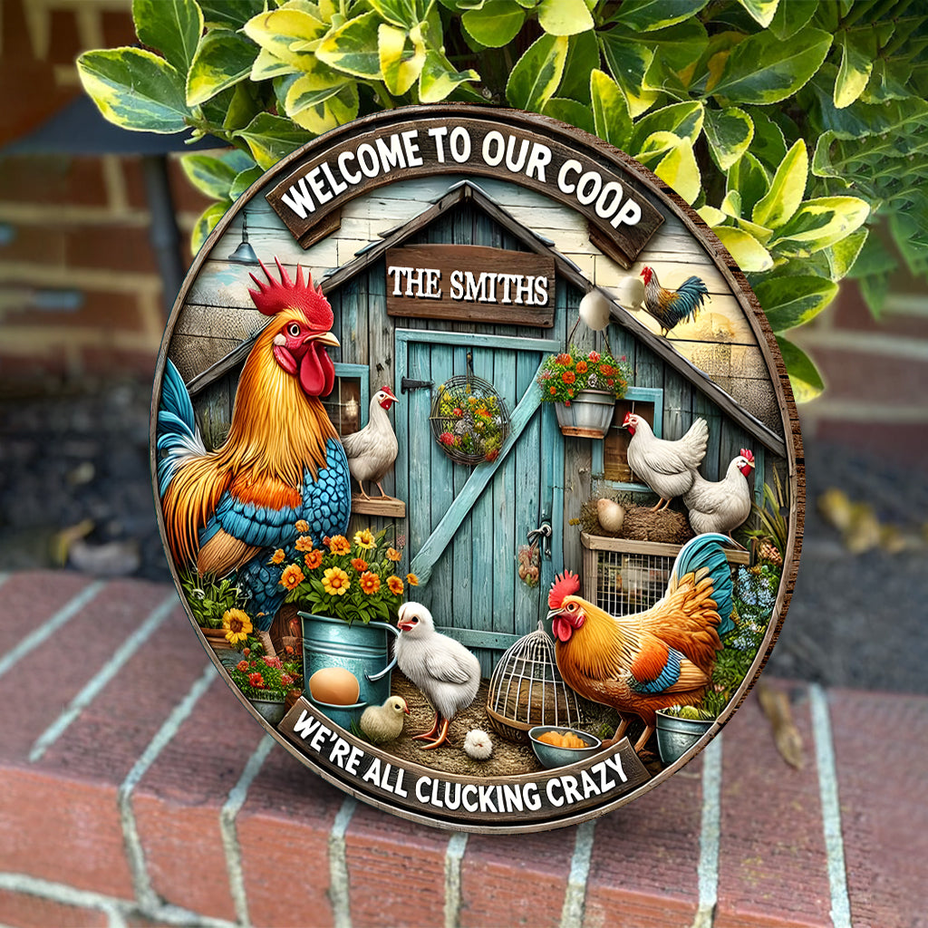 Bienvenue dans notre poulailler - Panneau rond en bois personnalisé pour poules