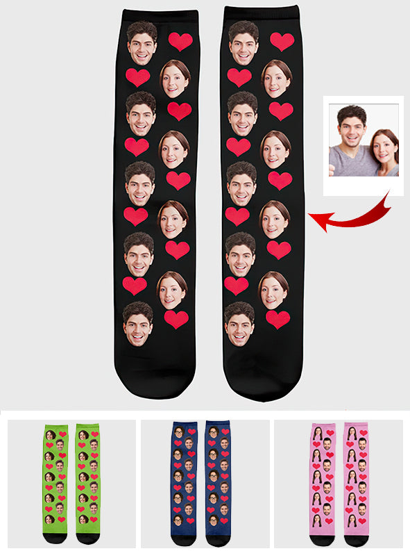 Chaussettes personnalisées pour couples avec motif cœur et visage personnalisé