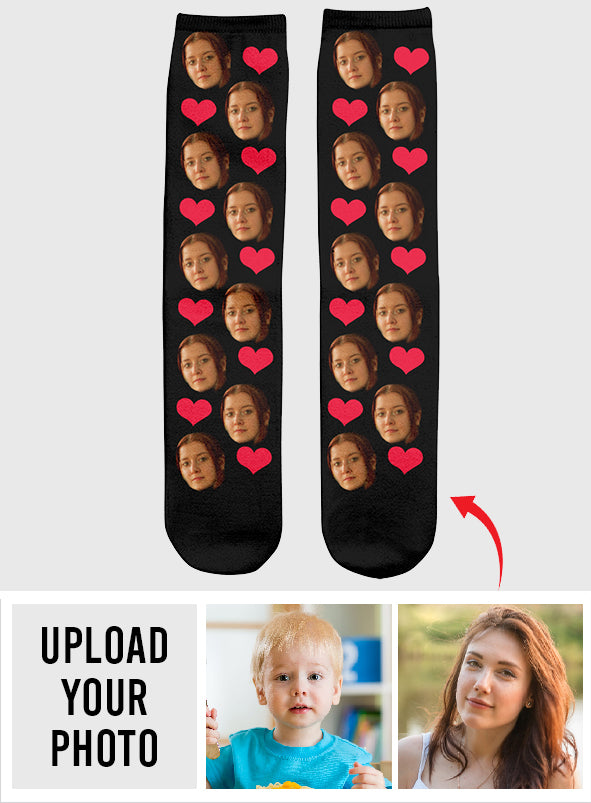 Chaussettes personnalisées pour fille, motif cœur et visage personnalisé