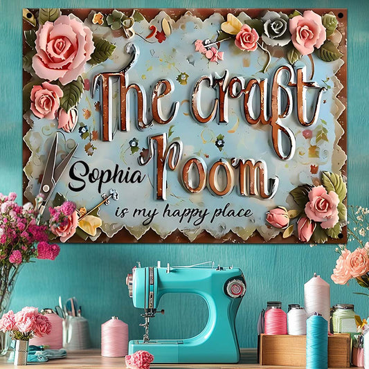 Craft Room Is My Happy Place - Personalized Sewing Rectangle Metal Sign