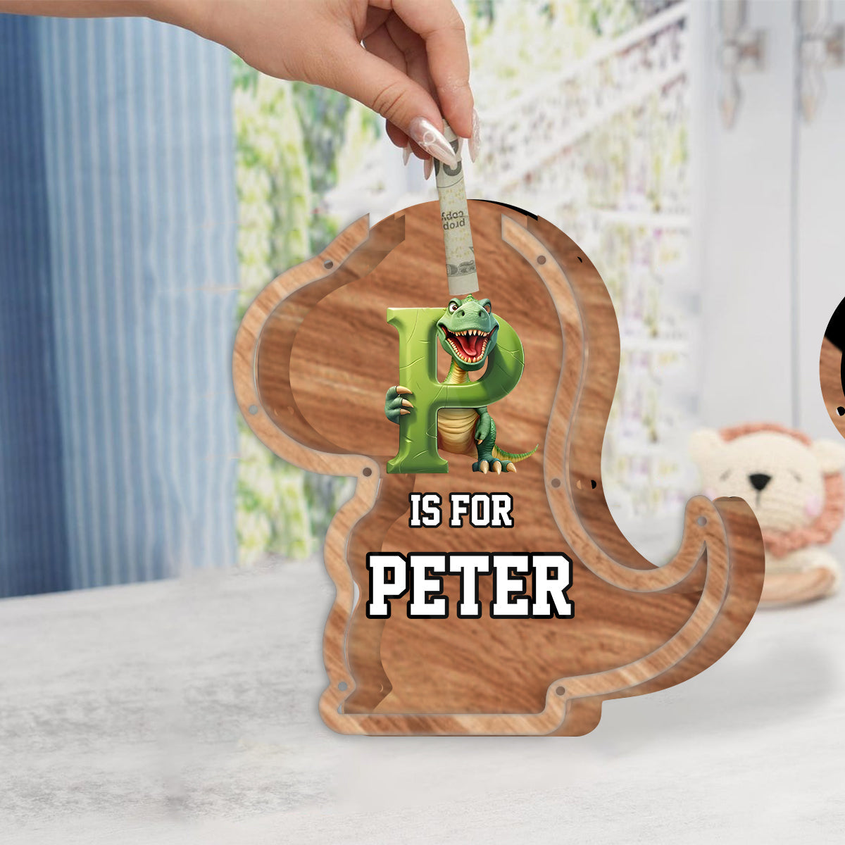Dinosaur Coin Bank for Kids - Personalized Kid Wooden Piggy Bank