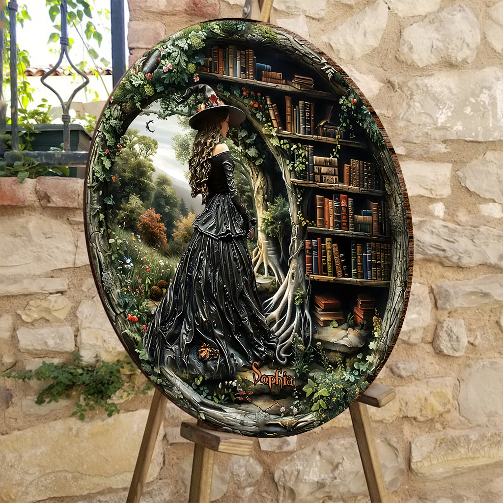 Une sorcière qui aime les livres - Panneau rond en bois personnalisé « Juste une sorcière qui aime les livres »