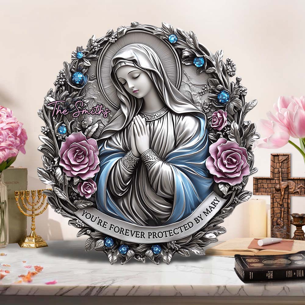 Tu es protégé(e) à jamais par Marie - Plaque en métal découpée, personnalisée, de confession chrétienne