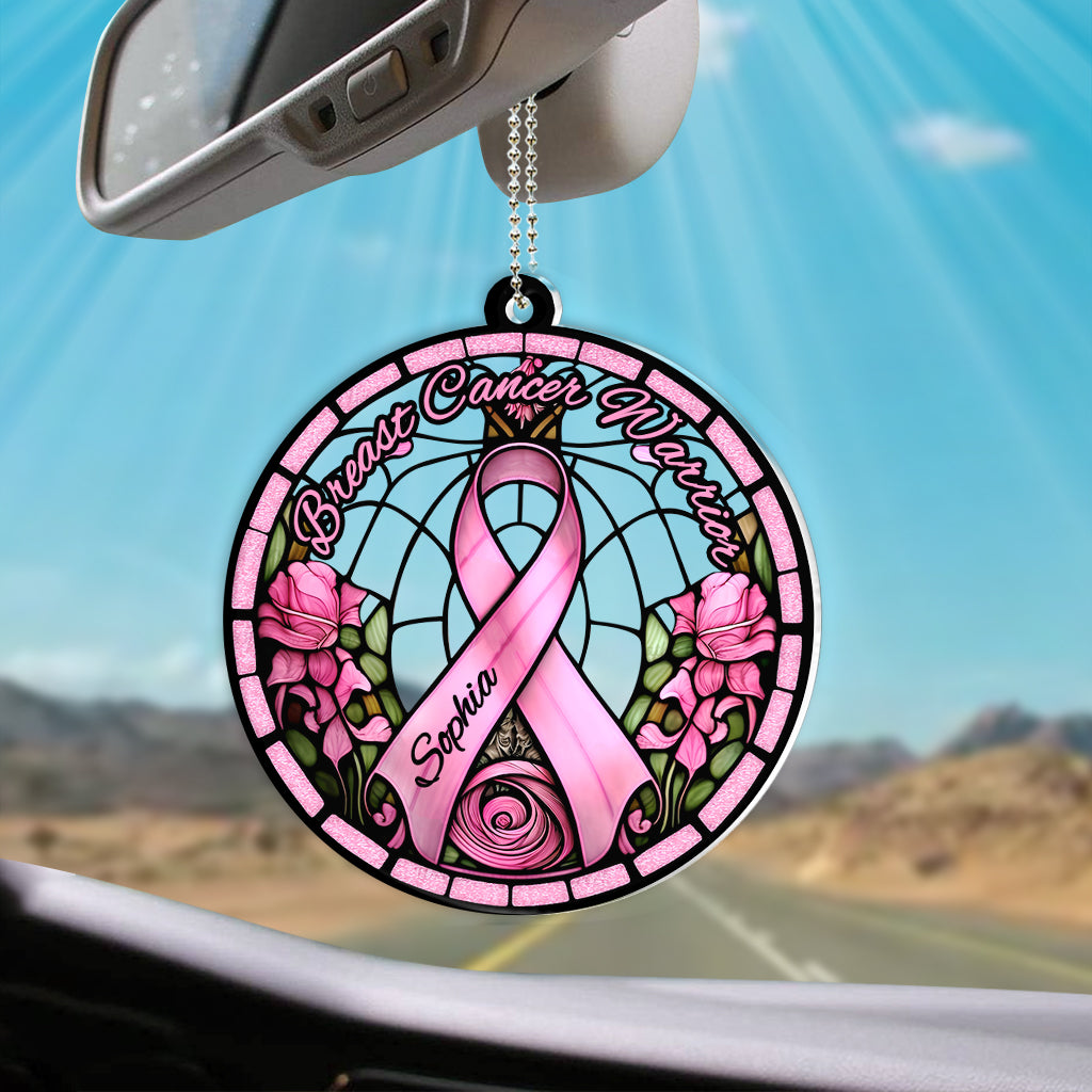 Guerrière du cancer du sein - Ornement de voiture personnalisé pour la sensibilisation au cancer du sein