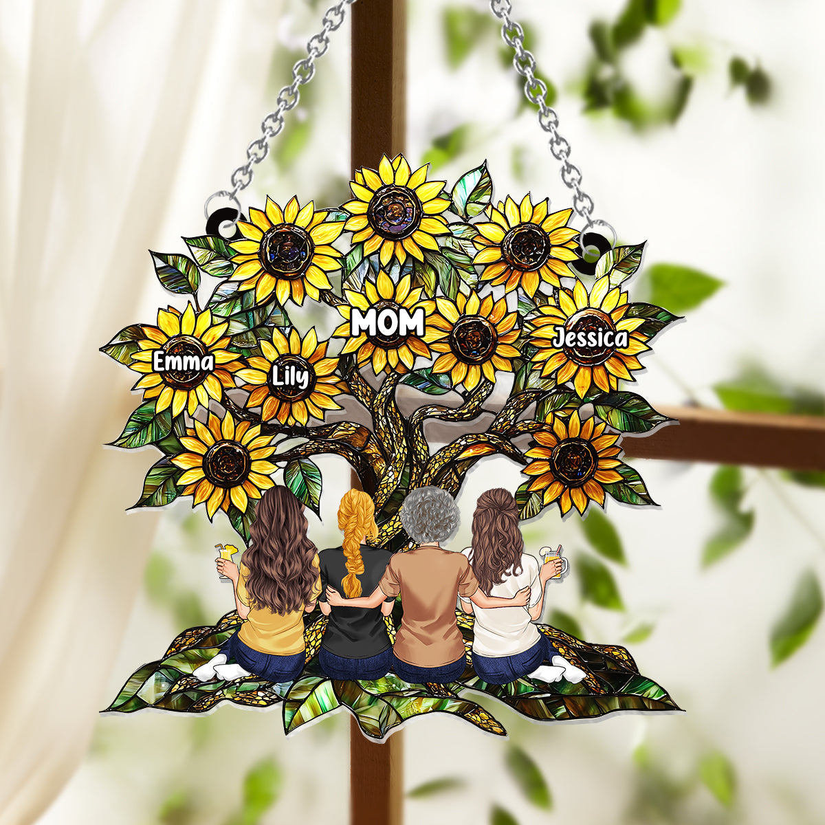 Tournesol Mère et Filles - Attrape-soleil personnalisé à suspendre à la fenêtre - Ornement Tournesol Mère et Filles 