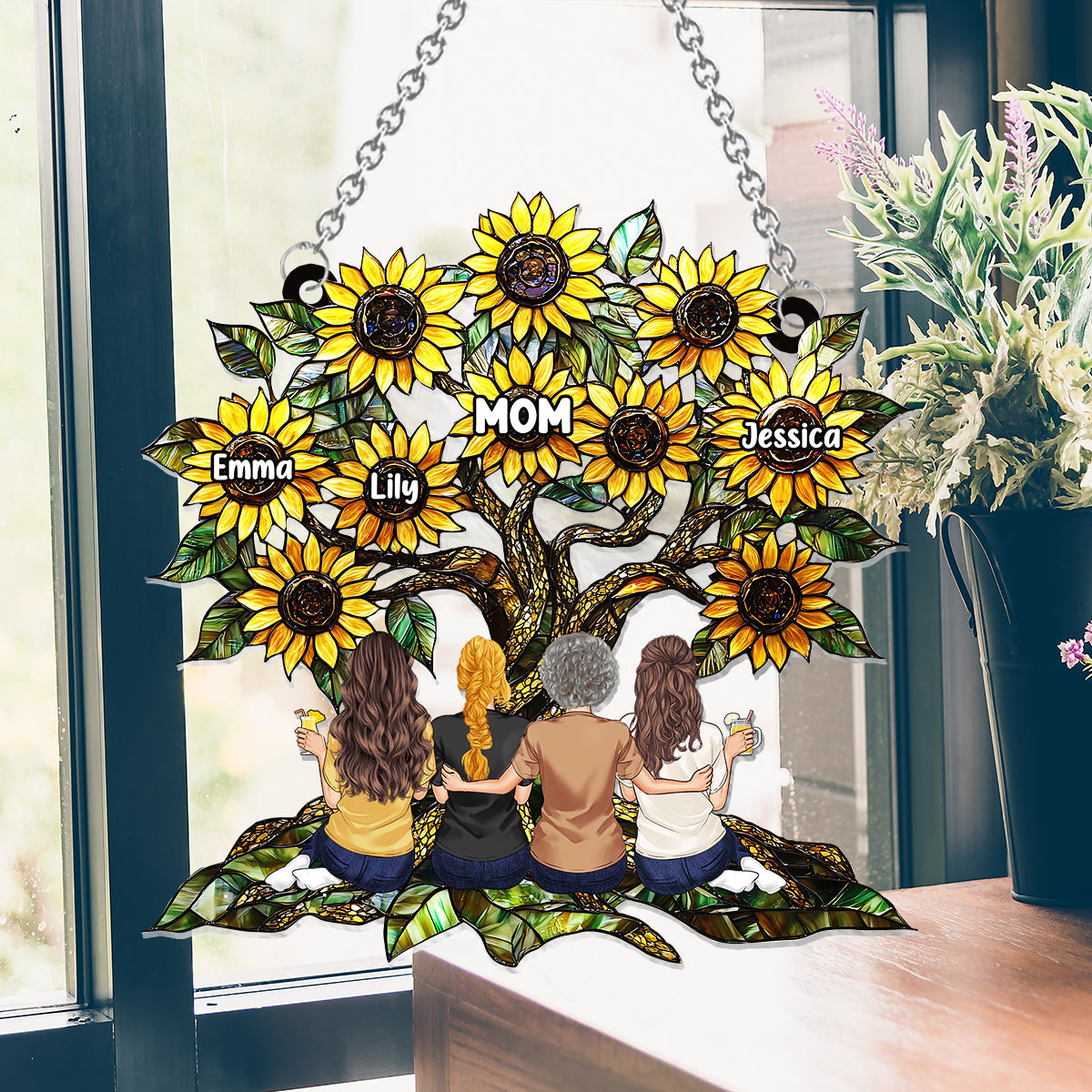 Tournesol Mère et Filles - Attrape-soleil personnalisé à suspendre à la fenêtre - Ornement Tournesol Mère et Filles 