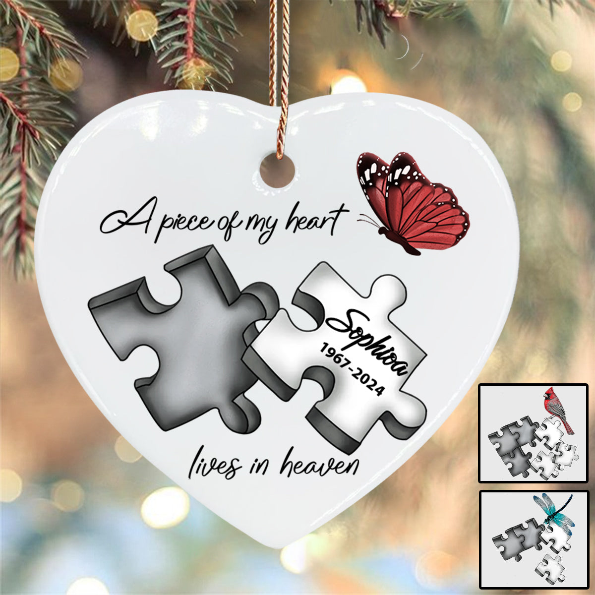 A Piece Of My Heart Lives In Heaven - Personalized Memorial Ceramic Heart Ornament