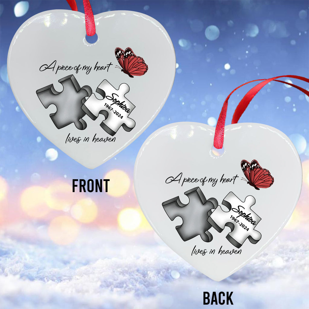 A Piece Of My Heart Lives In Heaven - Personalized Memorial Ceramic Heart Ornament