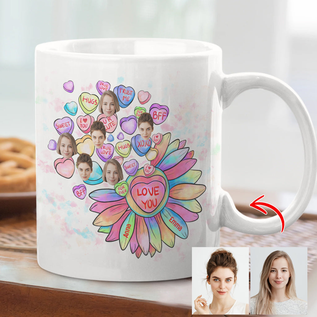 Mug personnalisé pour meilleure amie - Cœur, bonbon et fleur - Avec visage
