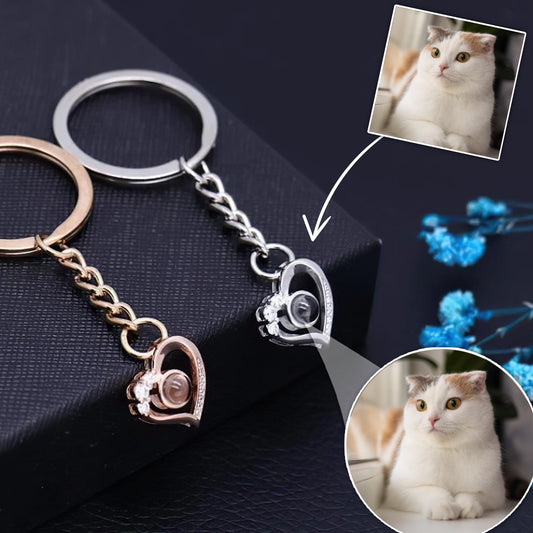 Porte-clés en forme de cœur avec projection photo personnalisée - Cadeau idéal pour les amoureux des chiens et des chats ayant perdu un être cher - Porte-clés personnalisé
