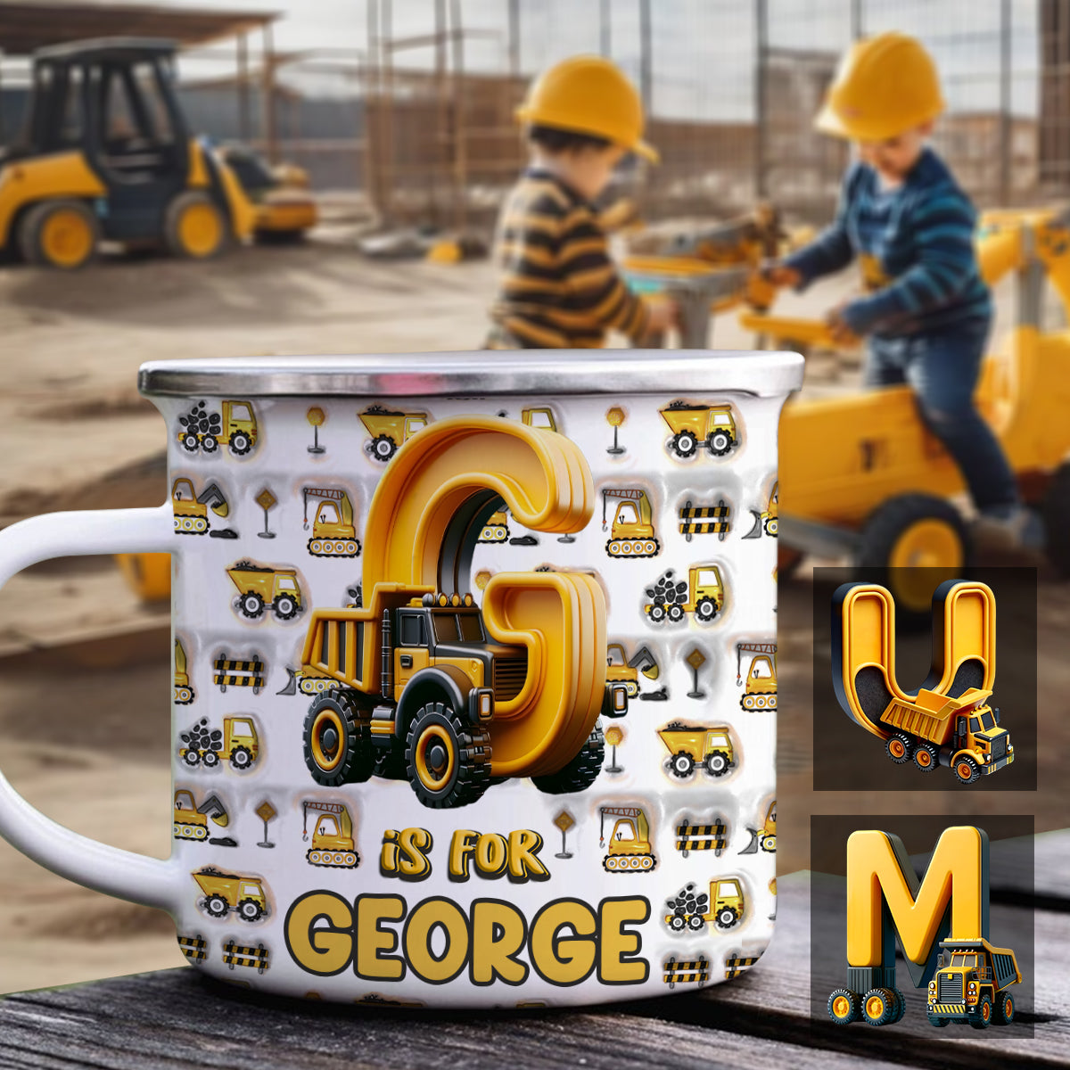 Mug émaillé personnalisé pour enfant avec inscription « Véhicule de chantier »