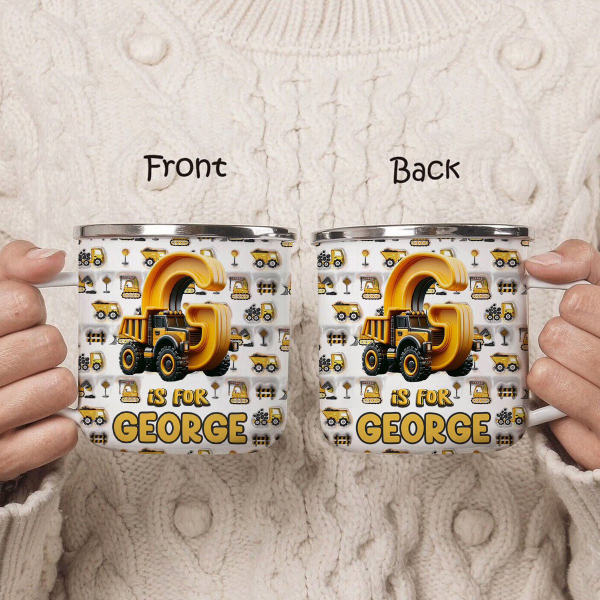 Mug émaillé personnalisé pour enfant avec inscription « Véhicule de chantier »