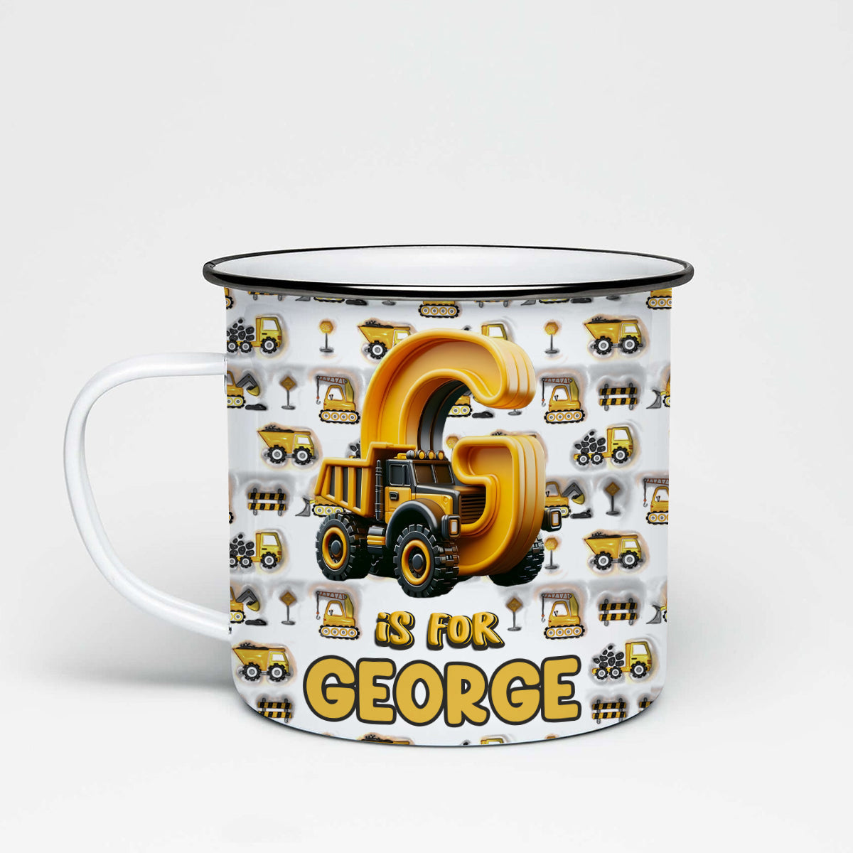 Mug émaillé personnalisé pour enfant avec inscription « Véhicule de chantier »