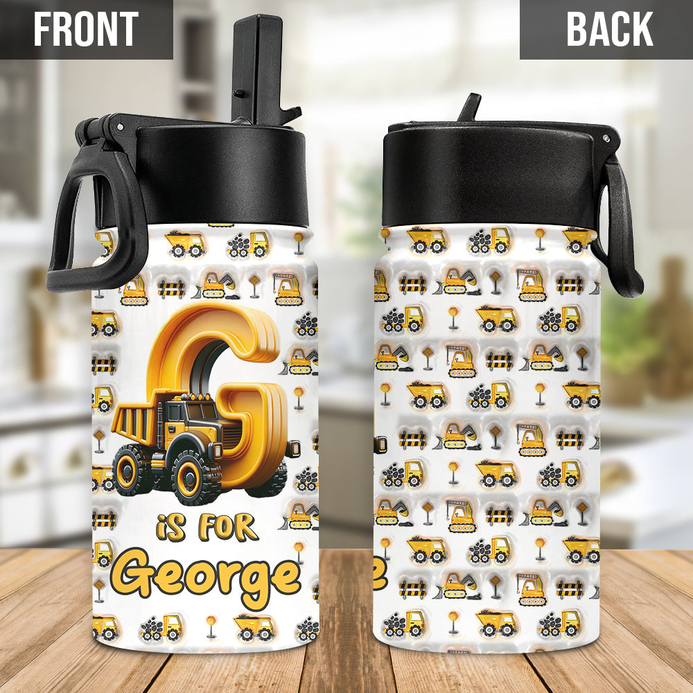 Construction Vehicles Letters - Personalized Kid Kids Water Bottle