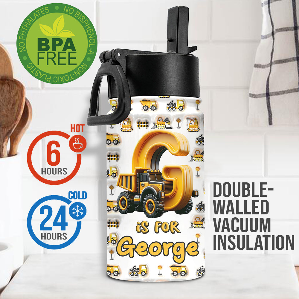 Construction Vehicles Letters - Personalized Kid Kids Water Bottle