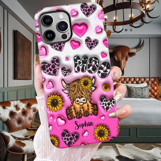 Coque de téléphone personnalisée avec impression intégrale représentant une vache des Highlands et un tournesol