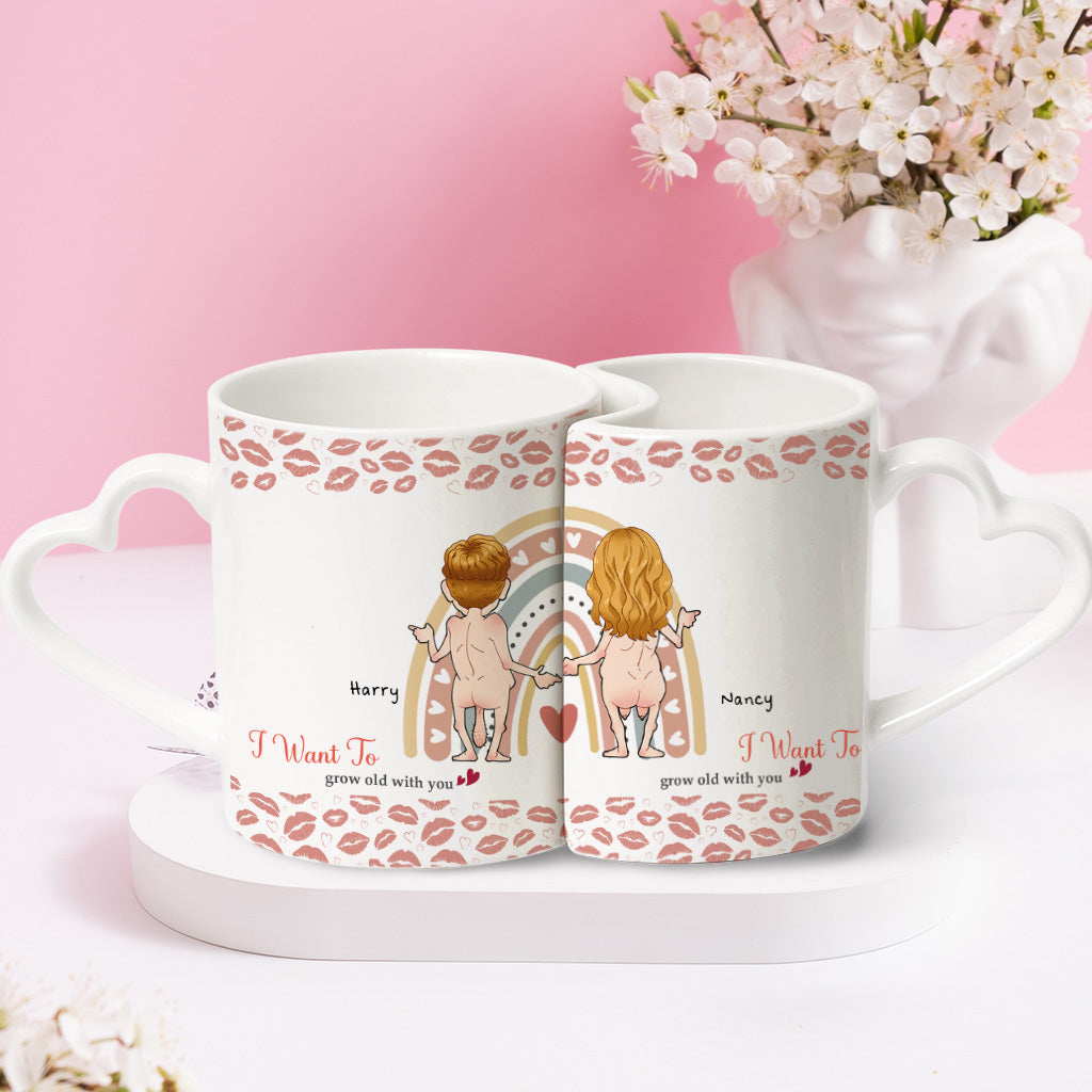Je veux vieillir avec toi - Mug assorti personnalisé pour couple avec anse en forme de cœur