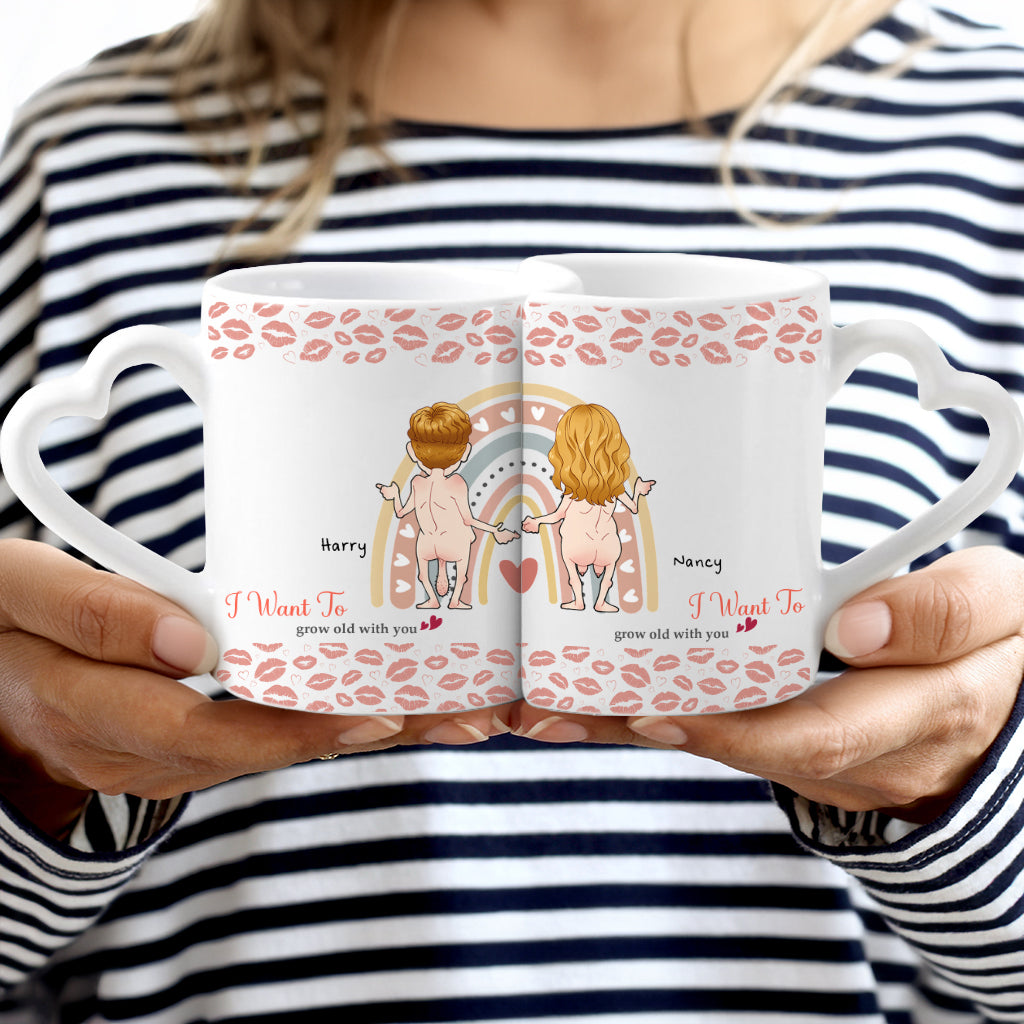 Je veux vieillir avec toi - Mug assorti personnalisé pour couple avec anse en forme de cœur
