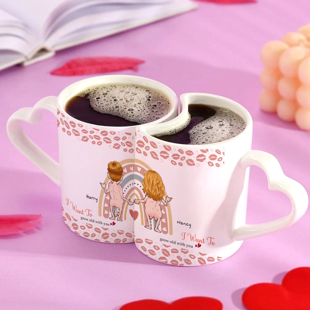 Je veux vieillir avec toi - Mug assorti personnalisé pour couple avec anse en forme de cœur