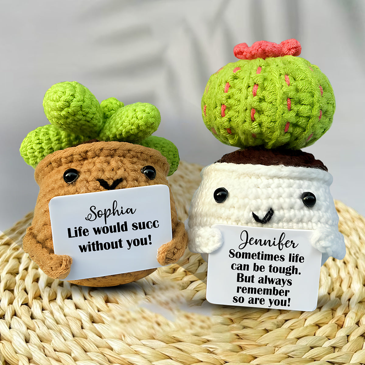 Crochet Cactus With Positive Quote - Personalized Cactus Hand Knitted Figurine