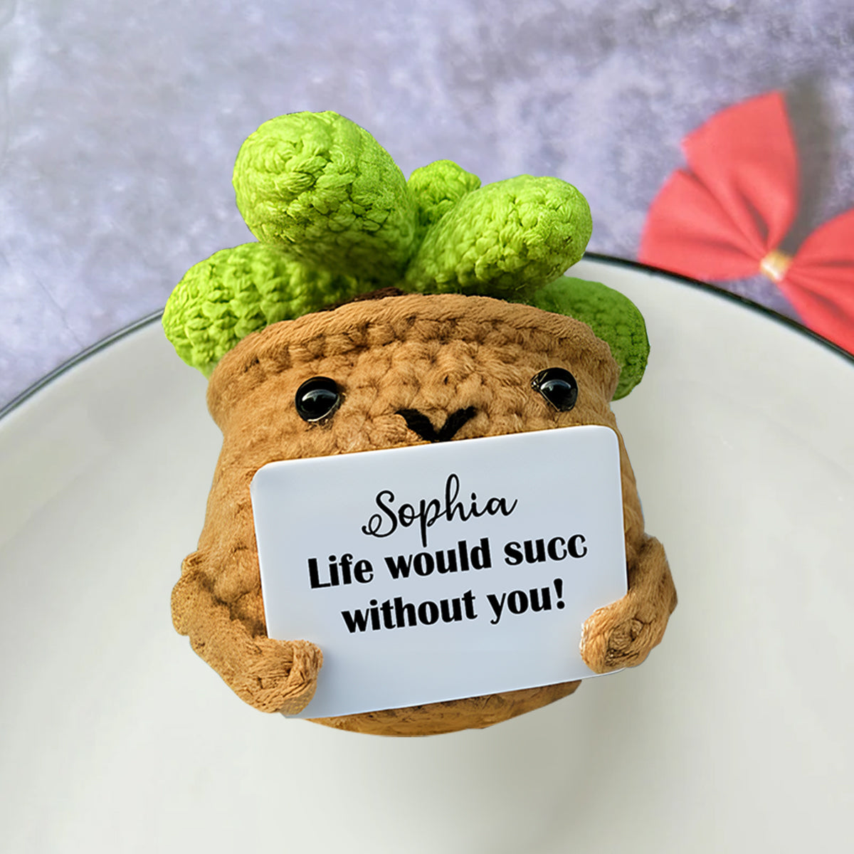 Crochet Cactus With Positive Quote - Personalized Cactus Hand Knitted Figurine