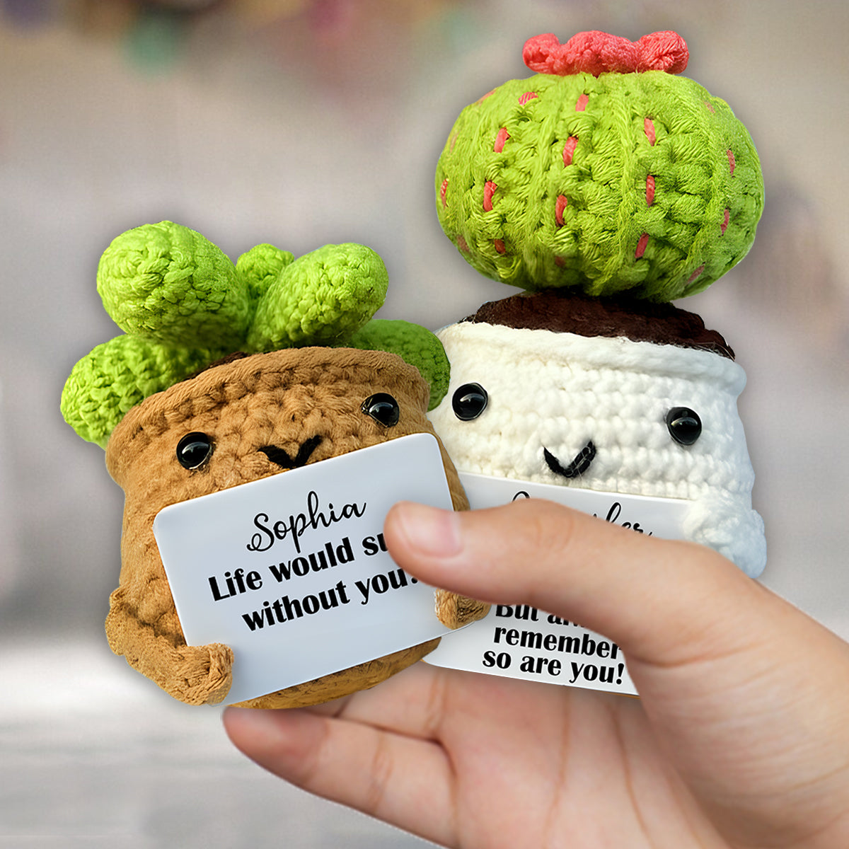 Crochet Cactus With Positive Quote - Personalized Cactus Hand Knitted Figurine