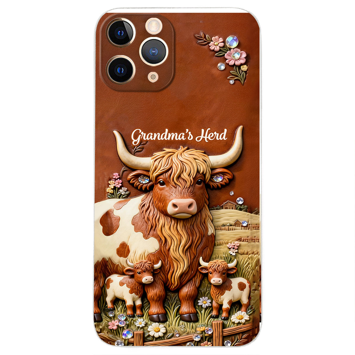 Grandma's Herd - Personalized Highland Cow 3D Embossed Leather Phone Case