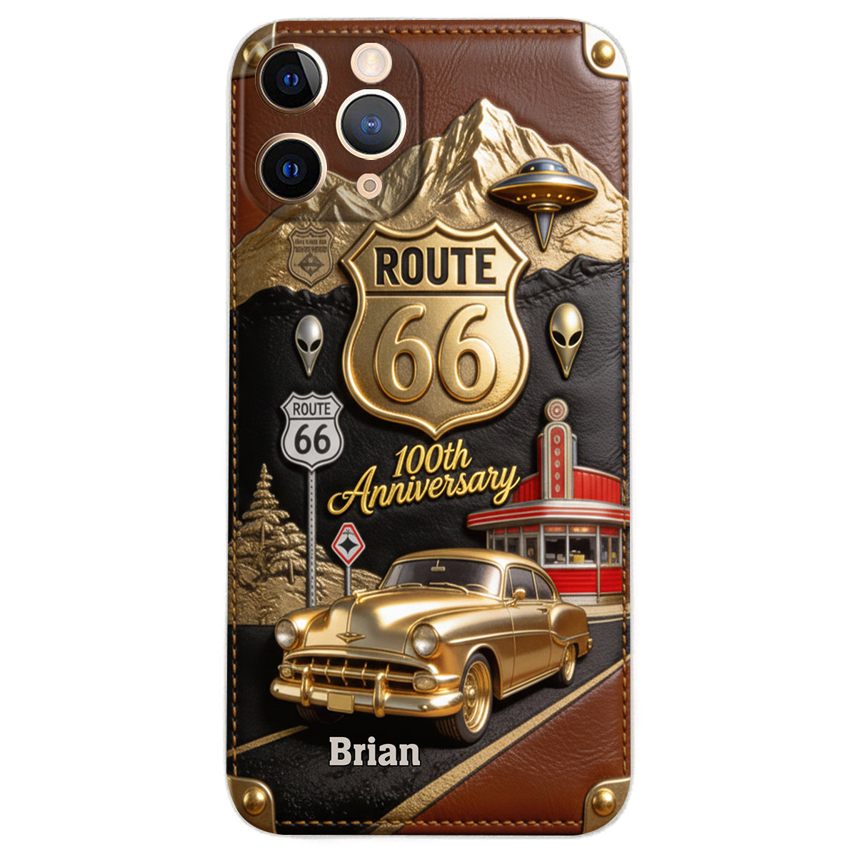 Étui de téléphone en cuir personnalisé pour les passionnés de voitures, à l'occasion du 100e anniversaire de la Route 66
