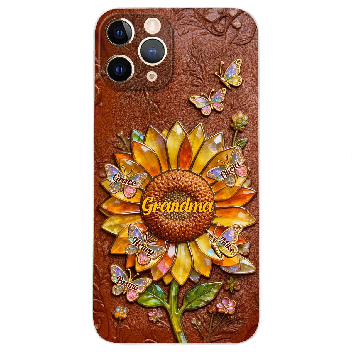 Grandma Sunflower - Personalized Grandma 3D Embossed Leather Phone Case